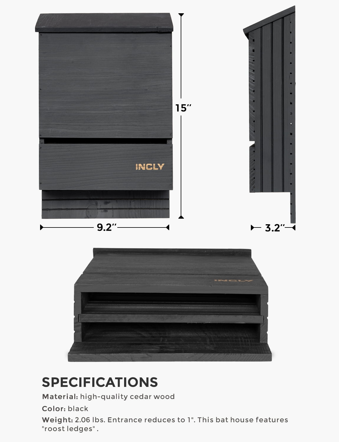 INCLY Bat House for Outdoors 15"x9.2"x3.2" Shelter Box Kit Double Chamber Black Natural Cedar Wood, Pre-Finished Easy to Install