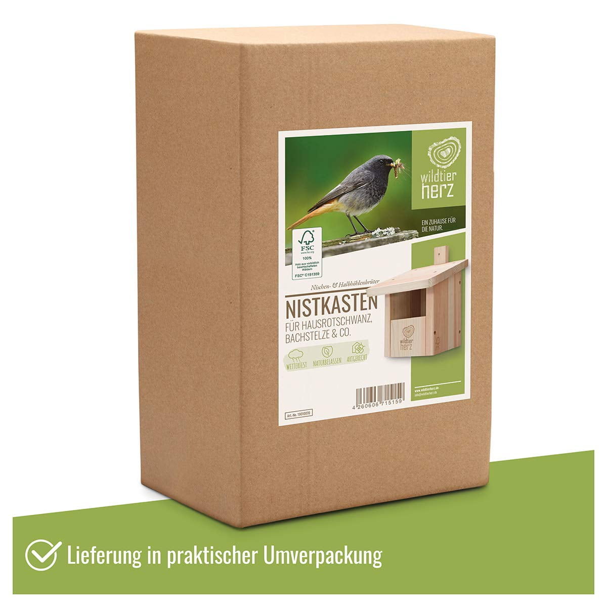 Wildtier Herz Nesting Box For Half-cave Breeders - Bird Box, Nest Box, Solid Wood Untreated Weatherproof, Bird Nesting Box For Garden, Bird House And Breeding Box For Redtails
