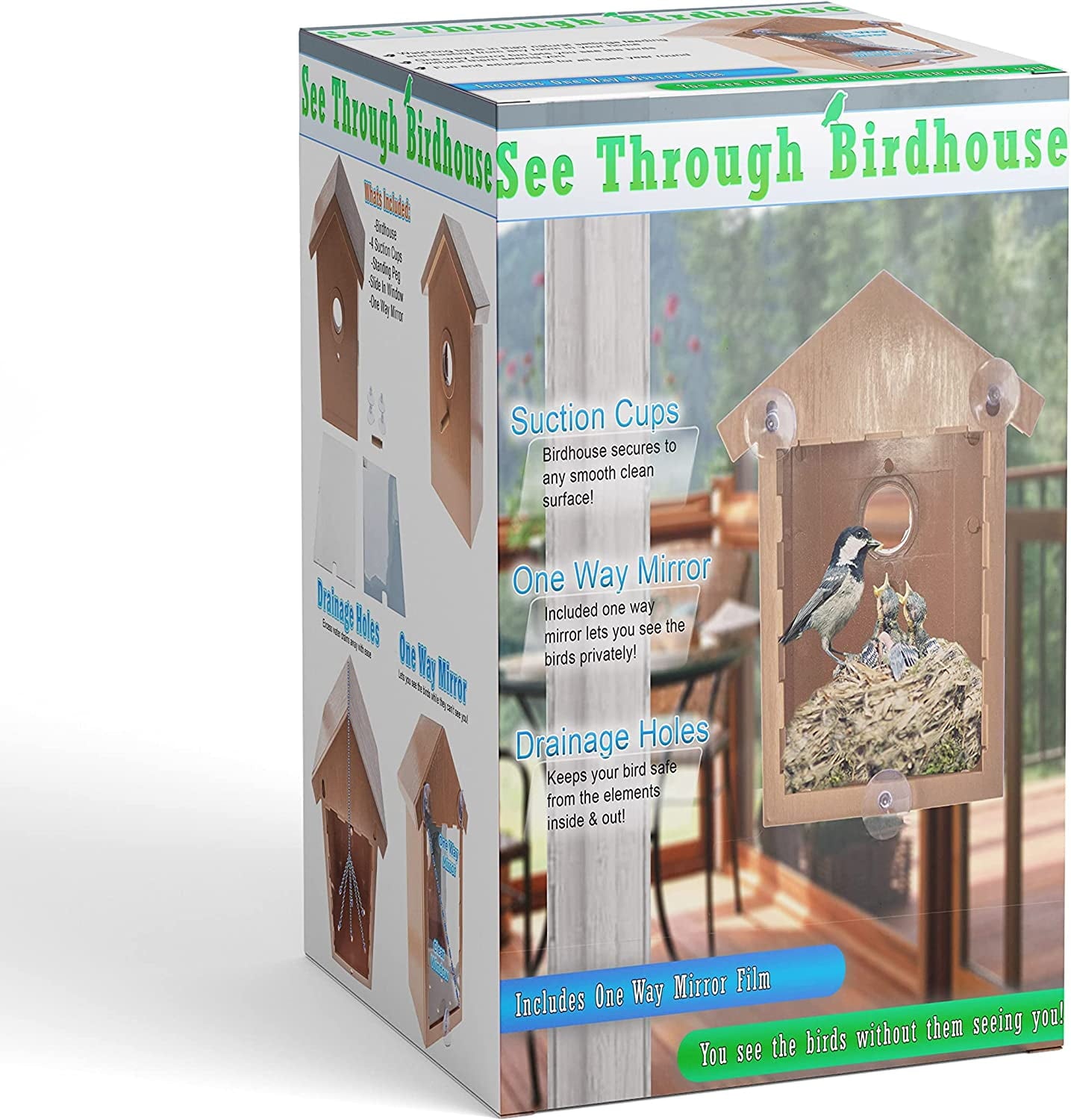 2 Way Mirrored Bird House See Through Suction Cup Window Mounted Bird Nesting Box