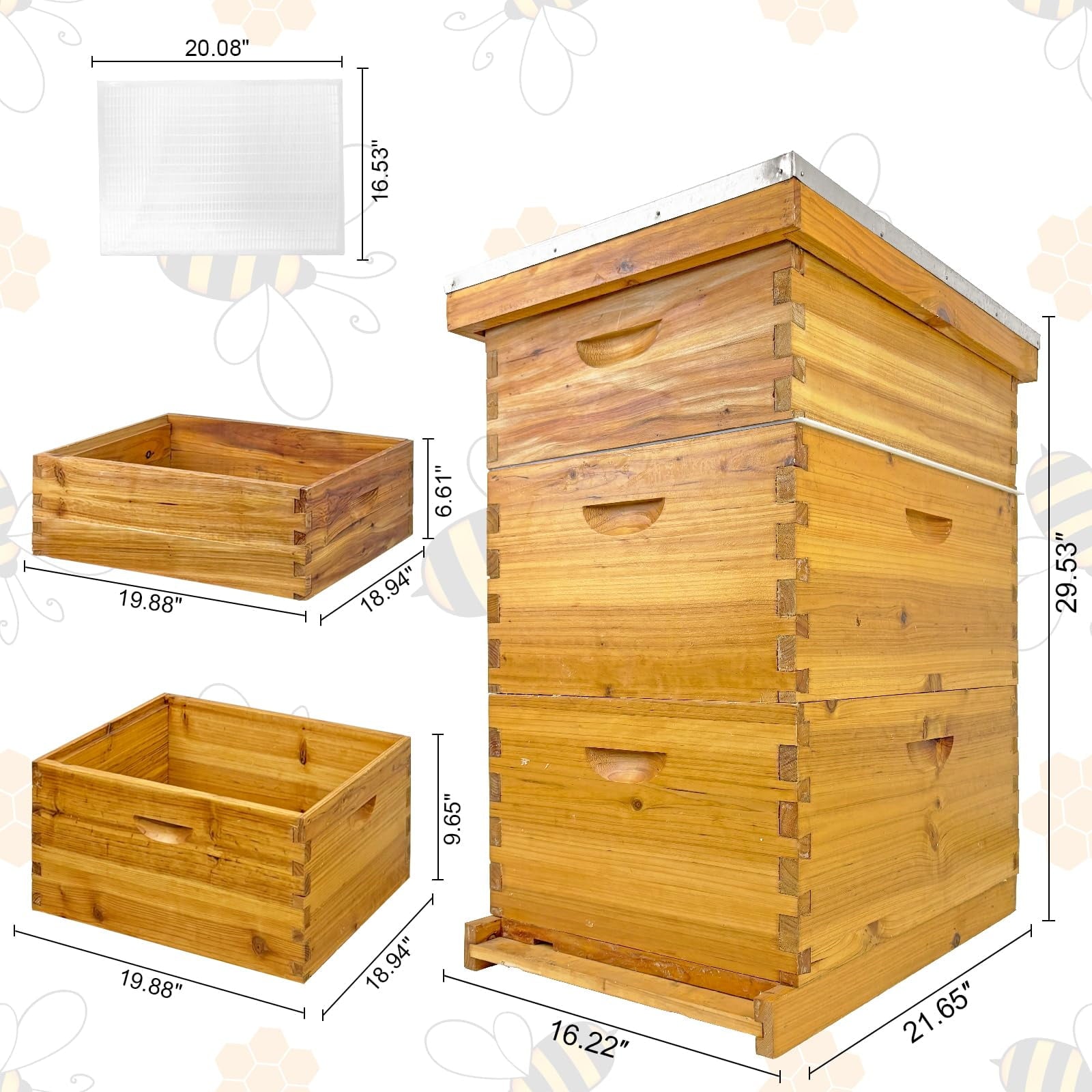 PRIJESSE 3-Layer Bee Hive for Beekeeping - 2 Deep & 1 Medium Boxes with Beeswax Coating, Metal Roof (Frames Not Included)