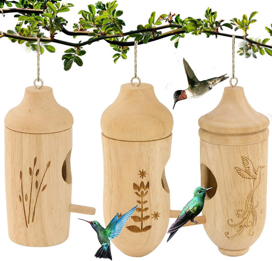 3 Pack Hummingbird House, Natural Wooden Hummingbird Houses Hanging, Home Gardening Gifts Decoration