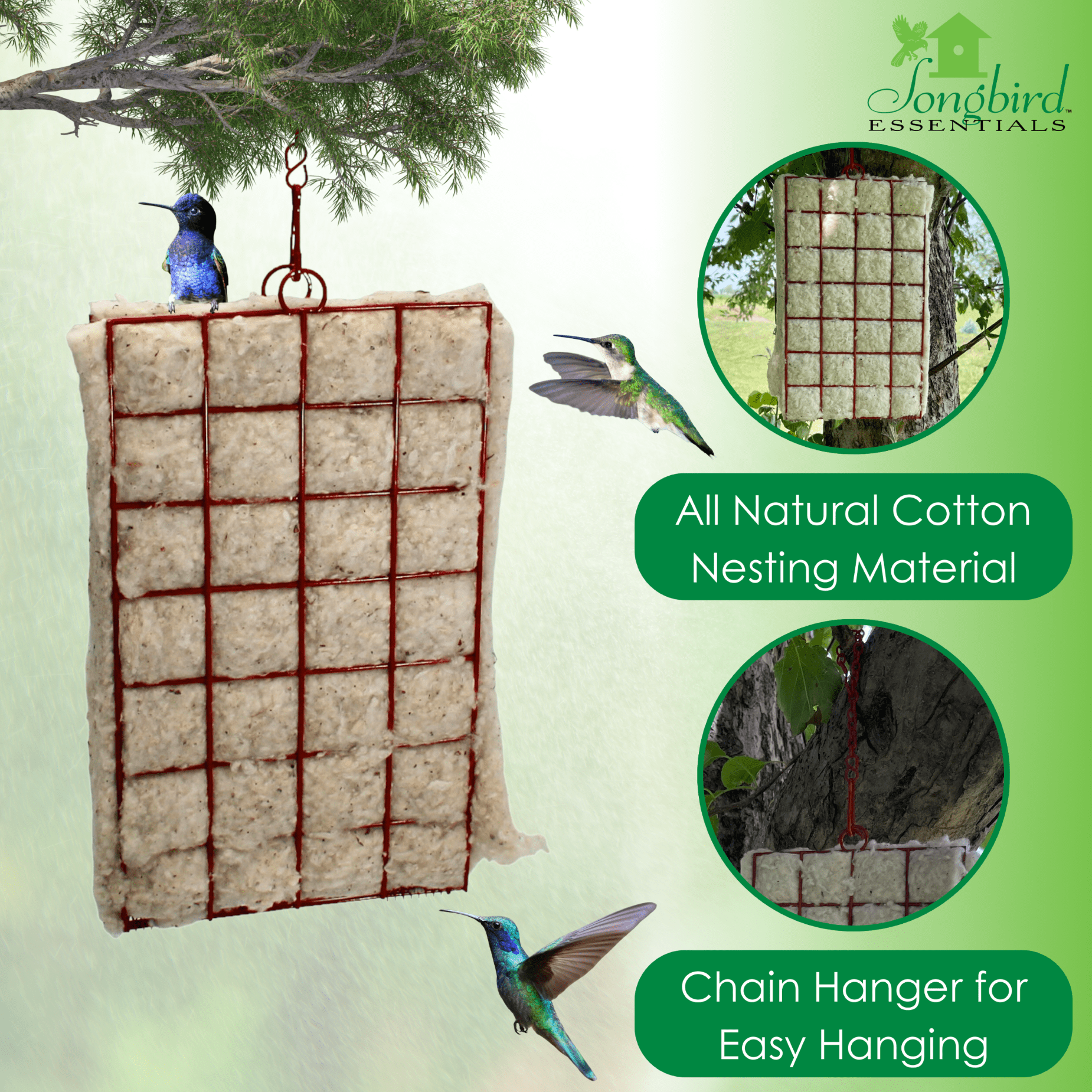 Songbird Essentials Bird House Bird Nesting Material Holder, Hummer Helper with Cotton Nesting Materials
