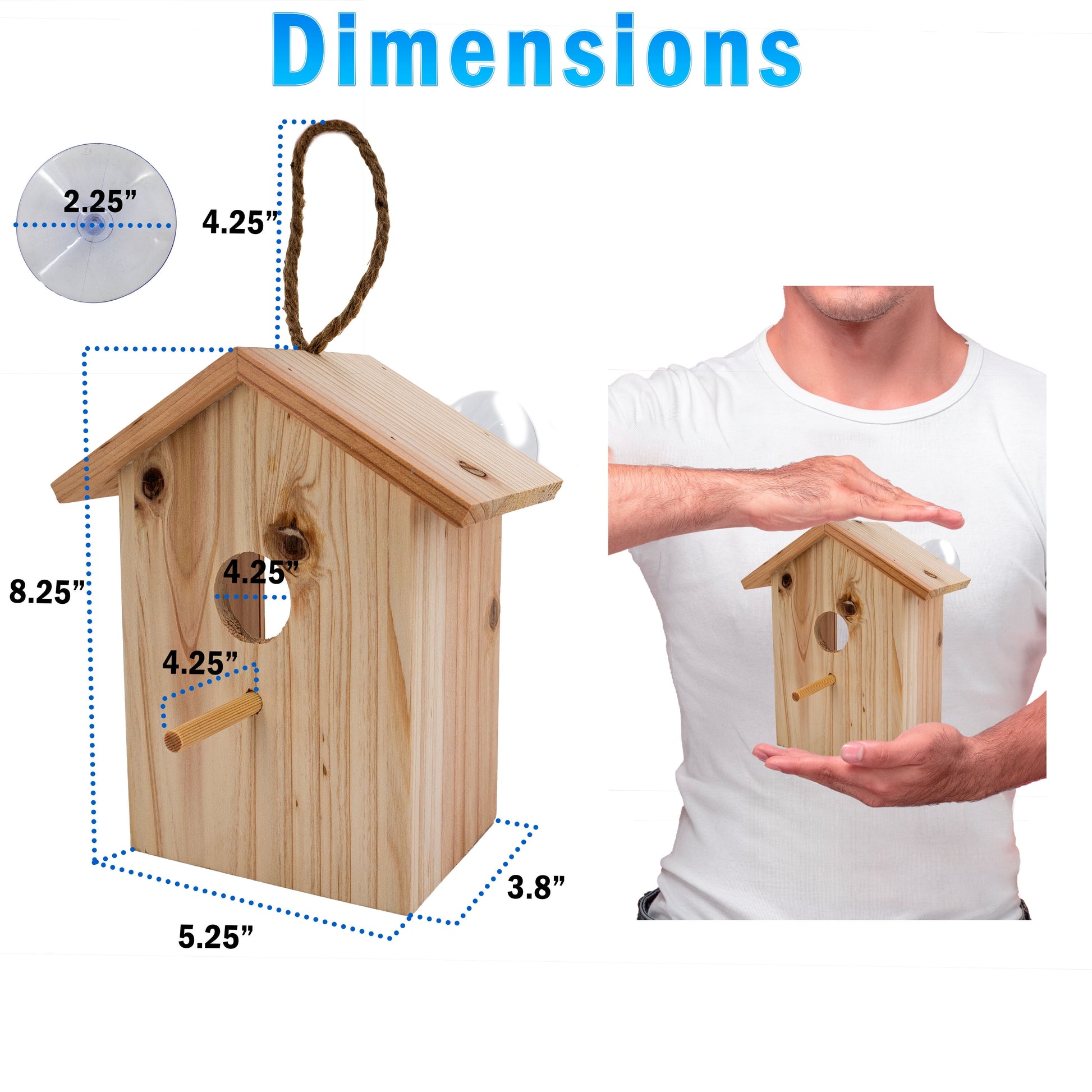 See Through Wooden Window Bird house w/ Large Suction Cups, Hanging Lanyard Rope Birdhouse, Easy Clean Spy Window Bird Nest Box - Outdoor Bird Watching, Backyard Bird Shelter
