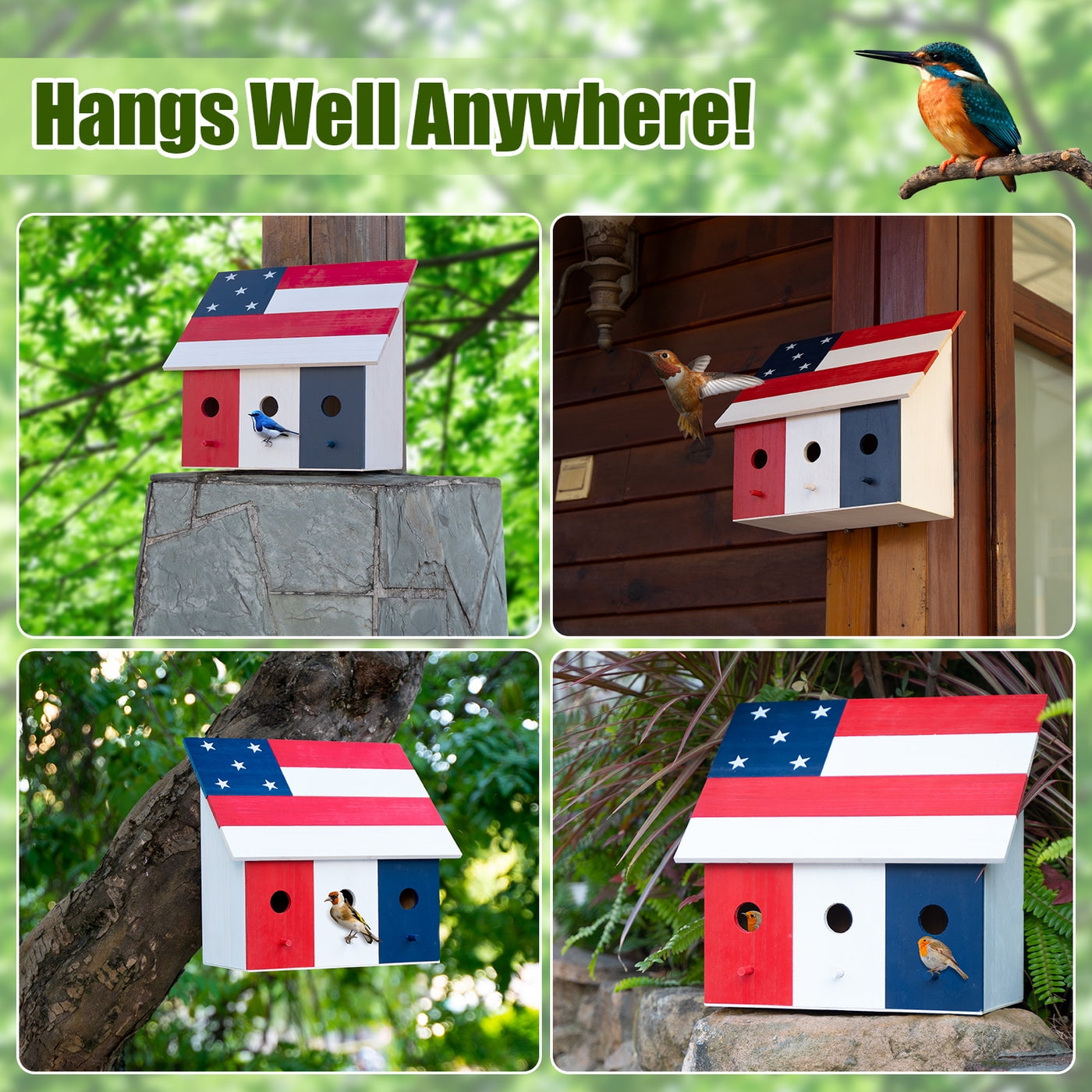 14" Americana 3 compartment Wood Birdhouse