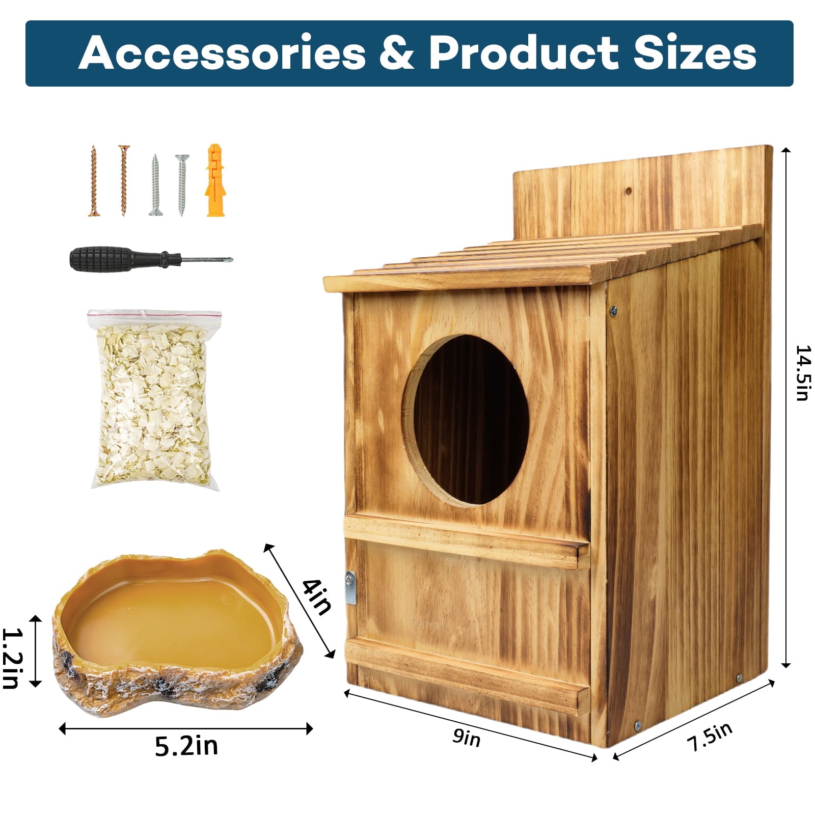 Handmade Wooden Owl House for Outdoors, Carbonized Nesting Box for Screech & Barn Owls with Water & Bait Bowl, Nesting Shavings Included, Bird House, Easy Assembly, Boxes for Outside, 14.5"x9"x7.5"