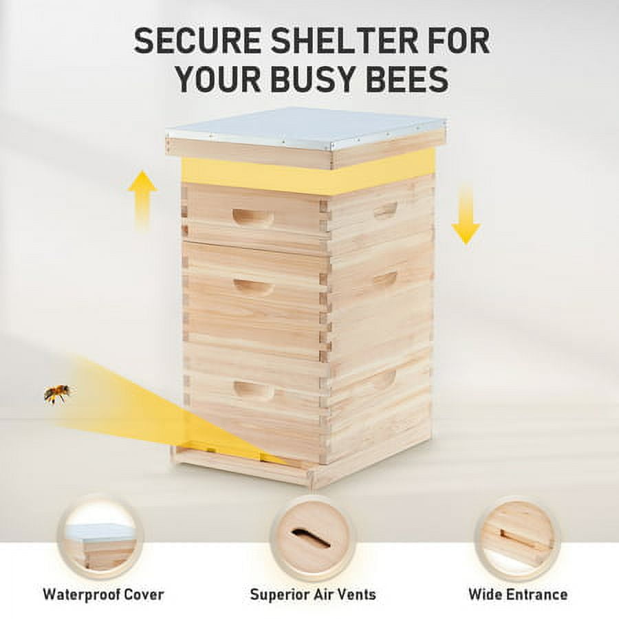 20 Deep Frame & 10 Medium Frame w/ 3 Brood Boxes Hive Frame/Bee Hive Frame/Beehive Frames w/ Metal Roof for Beekeeping
