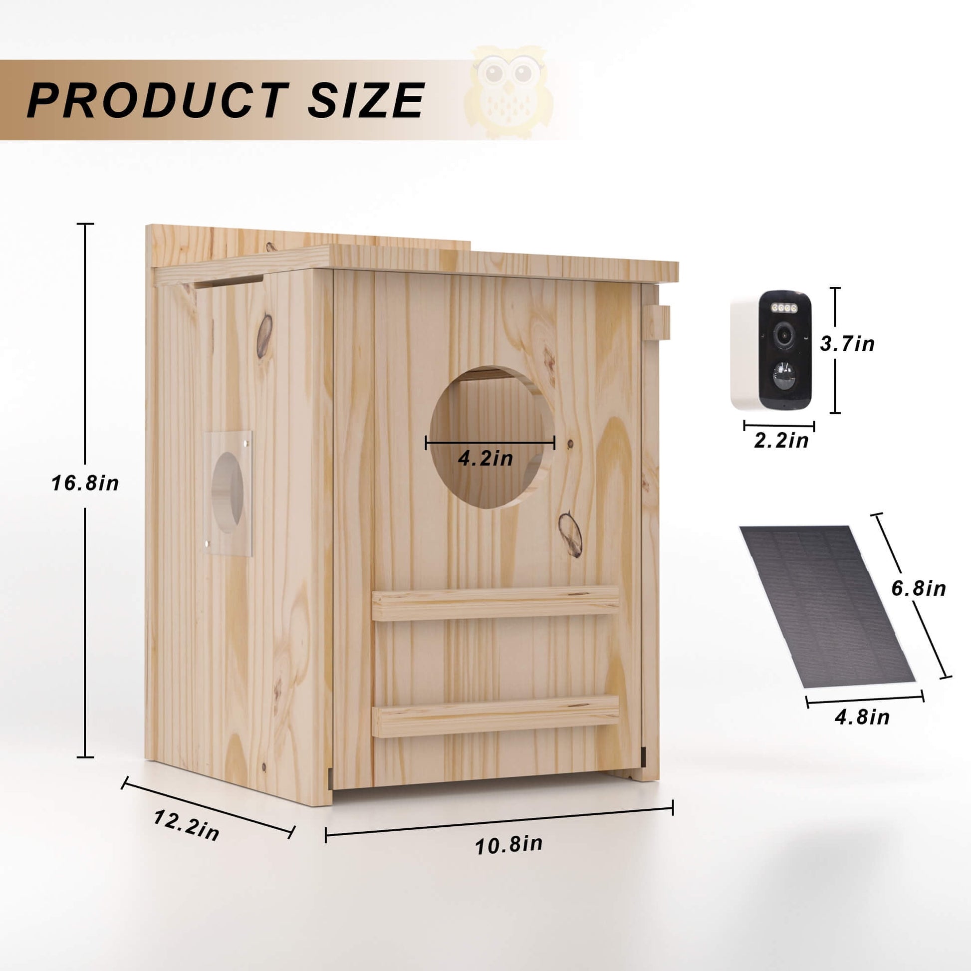 Smart Owl House with Camera, Outdoor Hanging Natural Wooden Owl Nesting Box, Solar Powered, Real-time Viewing and Motion Detection, Includes Mounting Screws, Easy to Assemble
