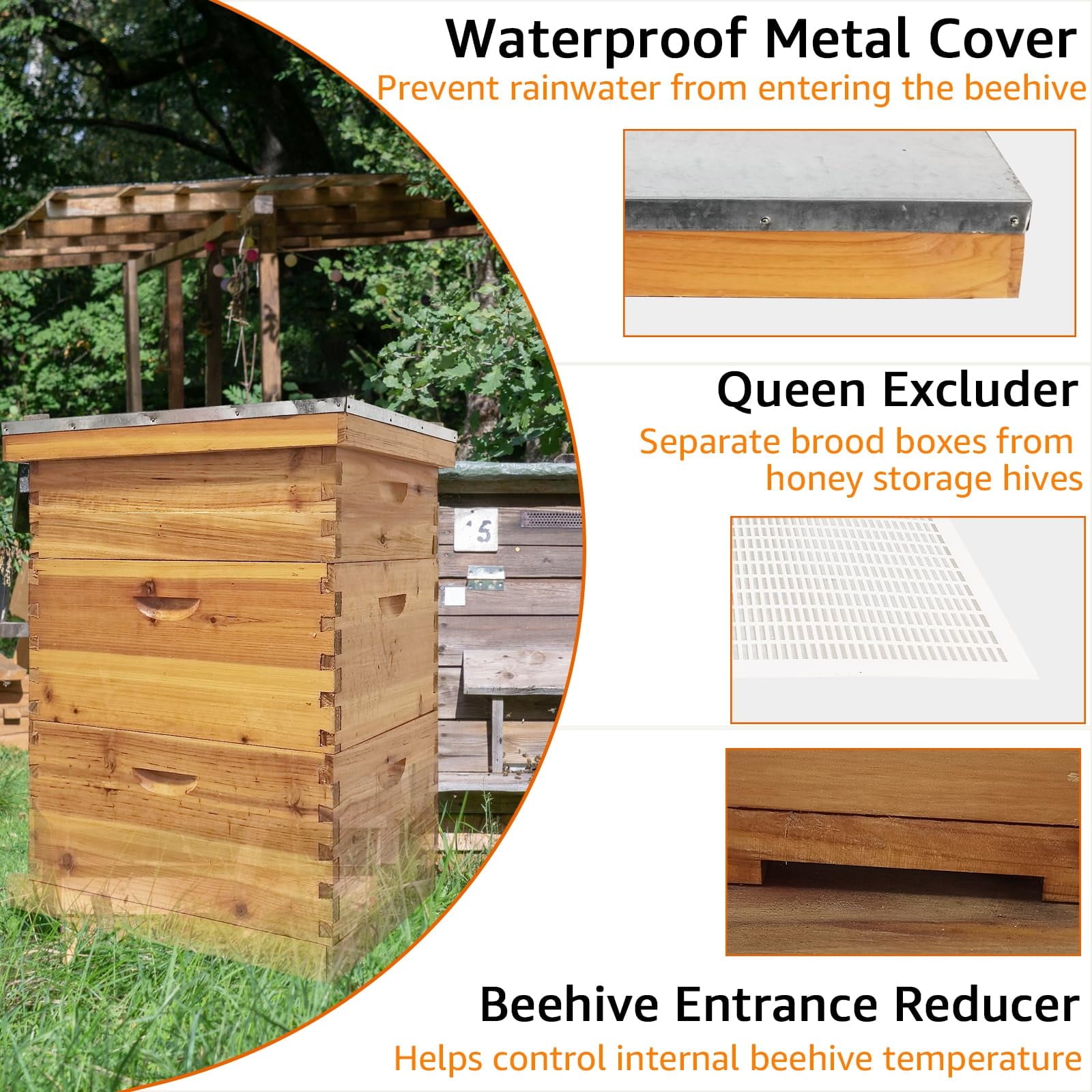 PRIJESSE 3-Layer Bee Hive for Beekeeping - 2 Deep & 1 Medium Boxes with Beeswax Coating, Metal Roof (Frames Not Included)