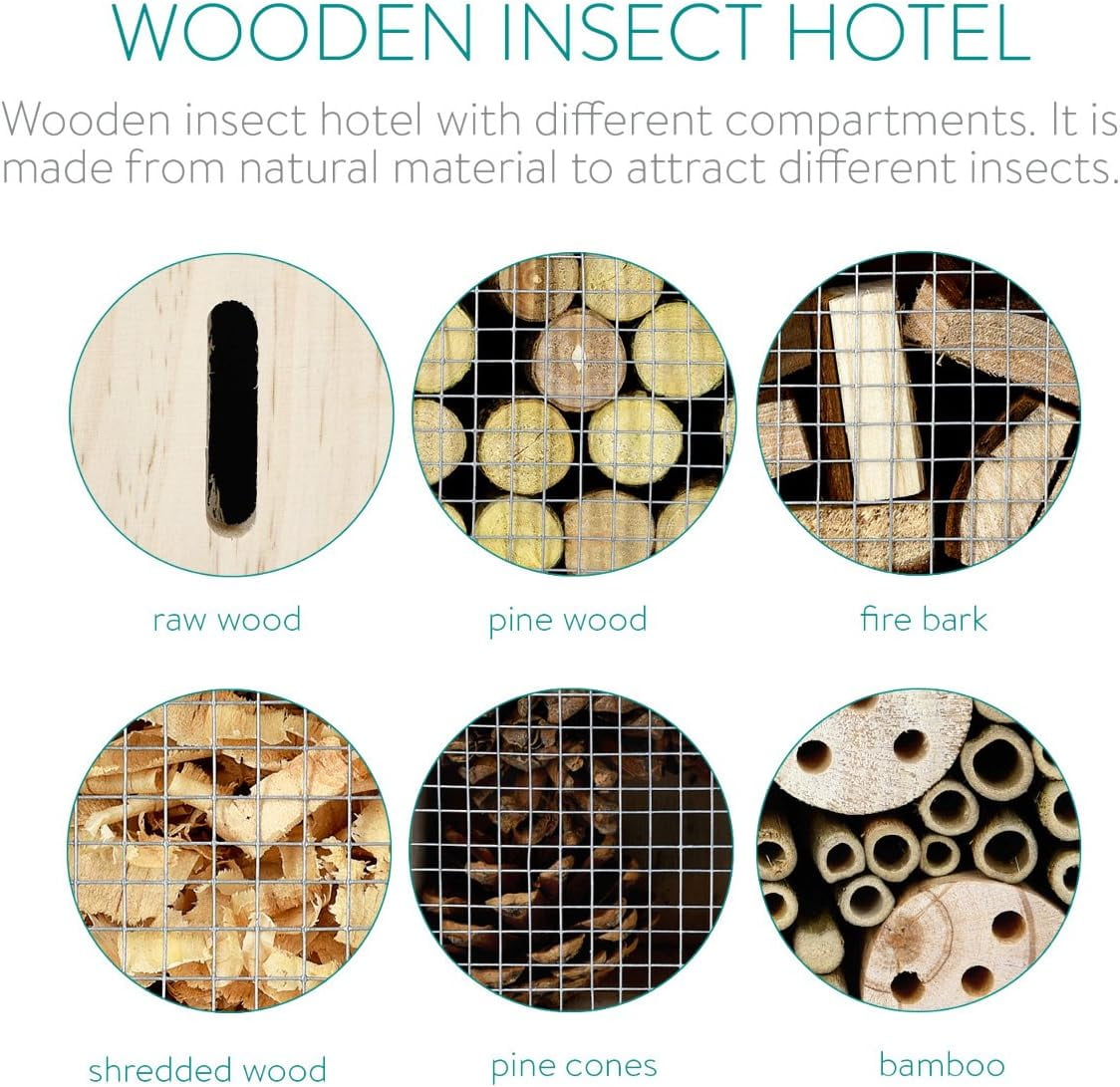 Navaris M Wooden Insect Hotel - 10 x 11 x 3 Inches - Natural Wood Insect Home Bamboo Nesting Habitat - Garden Shelter for Bees, Butterflies, Ladybugs