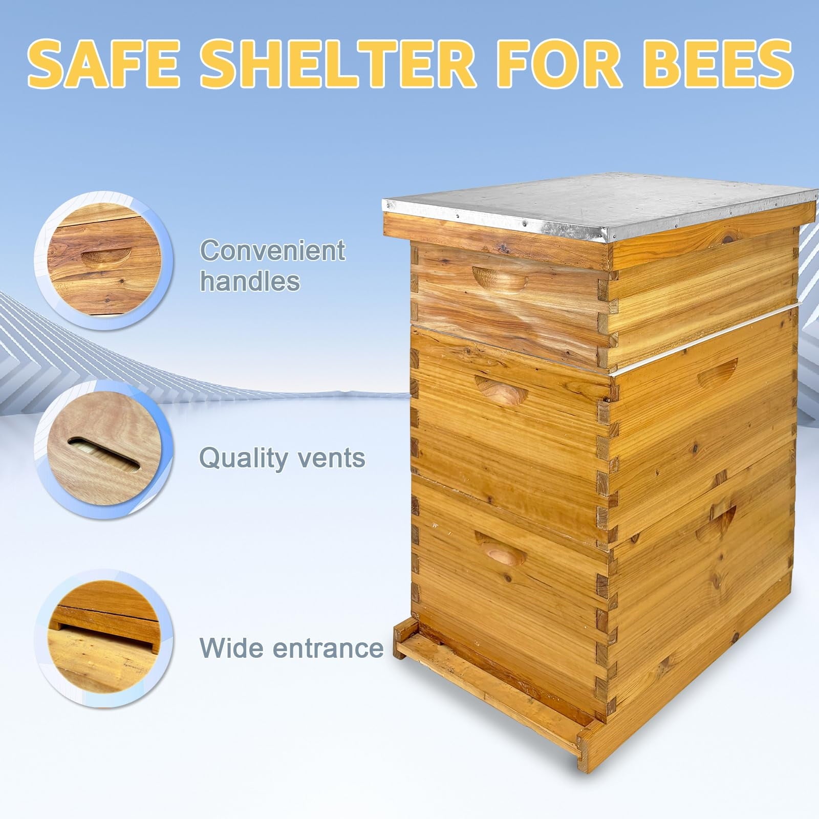 Jacgood Langstroth Bee Hive For Beekeeping, Complete Bee Hives and Supplies Starter Kit, Beehive Dipped in 100% Beeswax Includes 2 Deep Bee Boxes, 1 Medium Bee Hive Super for Beginners (3-Layer)