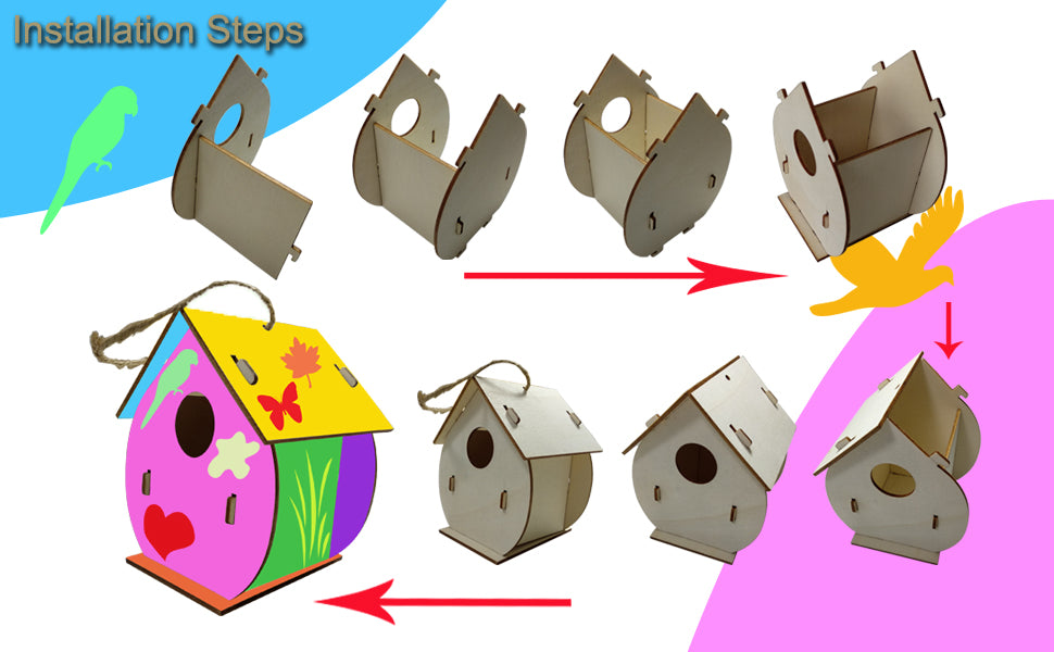 KHAMPA [2 Pack] DIY Wooden Birdhouse Kits Wooden Birdhouses Unpainted Natural Unfinished Wood Birdhouse to Paint Mini Bird Nest for DIY Crafts, Indoor Outdoor Bird House