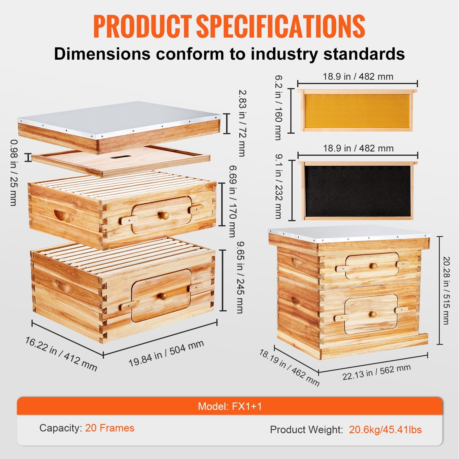 KFFKFF Bee Hive Langstroth Kit 10 Deep & 10 Medium Frames with Acrylic Windows