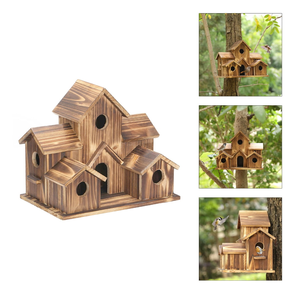Whoamigo Wood Bird Houses Feeder 6 Holes Wooden Nest for Indoor Outdoor Garden Decoration