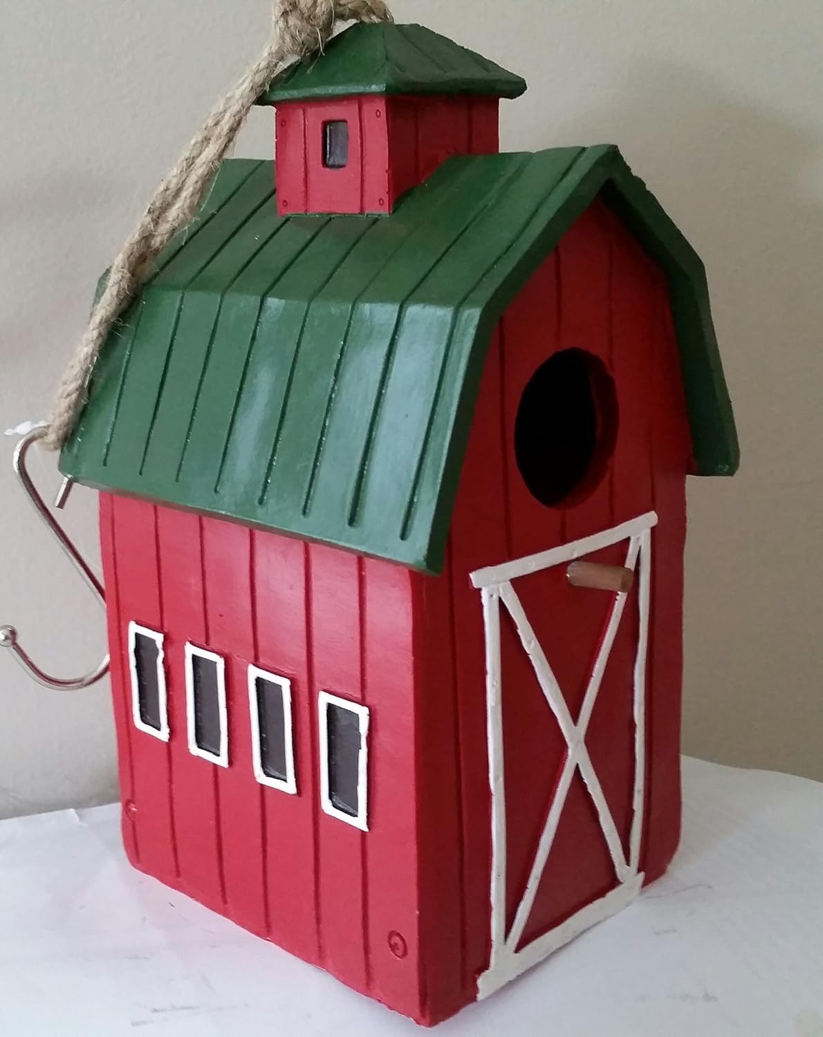 Hanging Birdhouse Farm Red Barn 9 Inch Wooden Bird House Outdoor Decor For Garden Patio Deck Porch