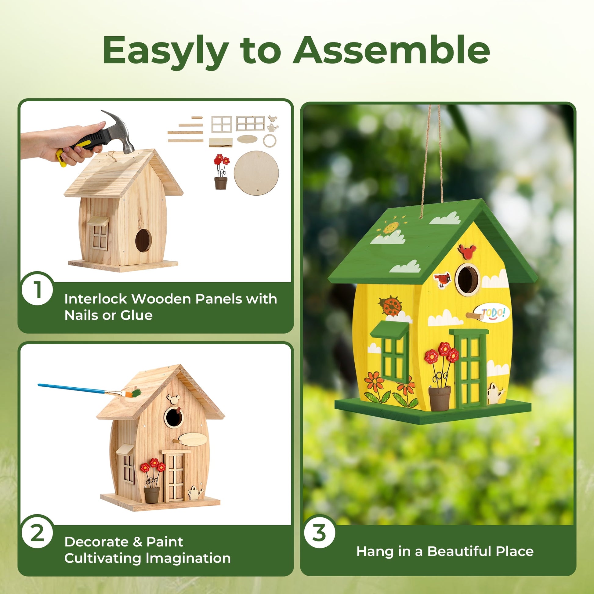 Nesto Wooden DIY Bird House Kit for Kids Audlts to Build, Outdoor Woodworking Crafts Freestyle Painting, Hanging Birdhouse for Garden Yard Decor Gifts