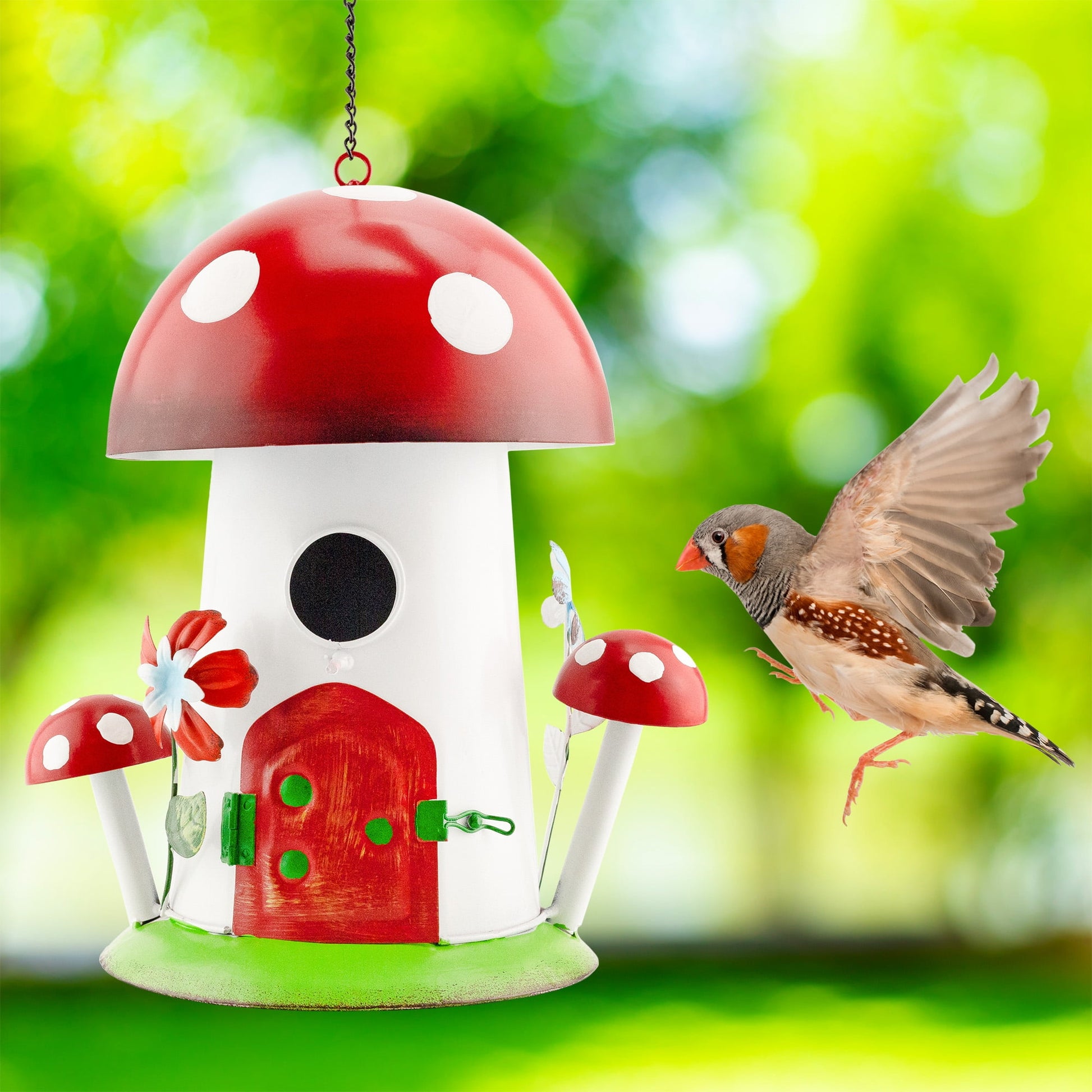Esterno Mushroom Shaped Birdhouse; Songbird Nesting Galvanized Iron Colorful Mushroom Bird House