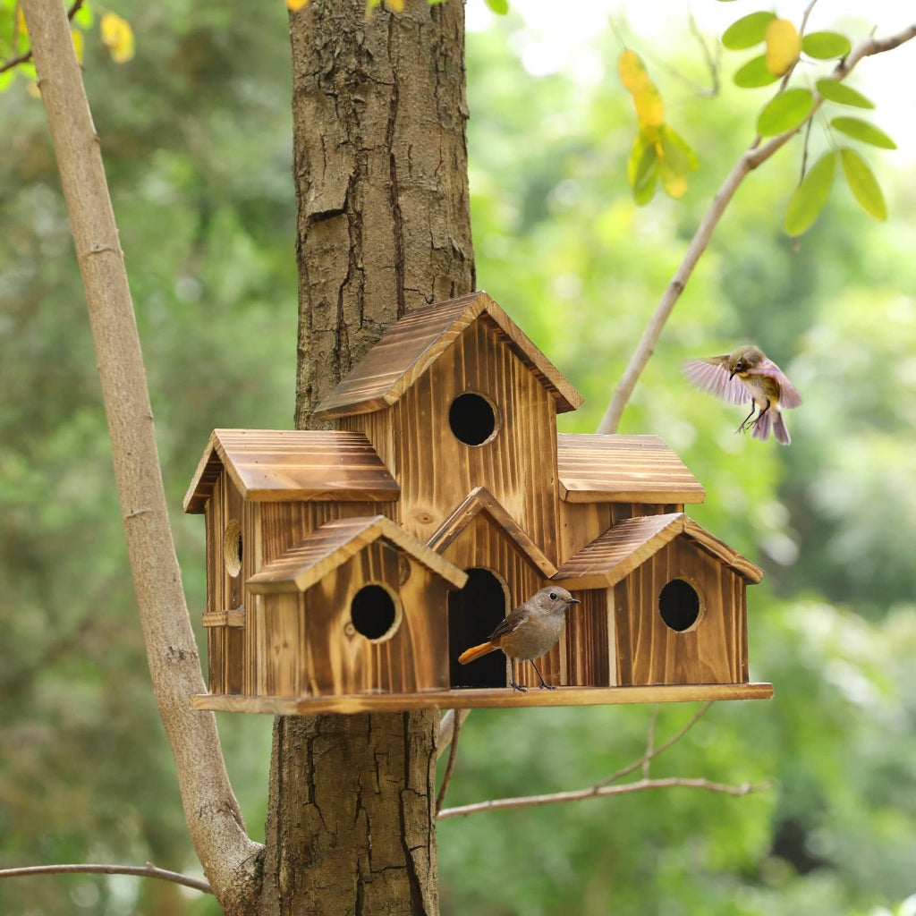 Whoamigo Wood Bird Houses Feeder 6 Holes Wooden Nest for Indoor Outdoor Garden Decoration
