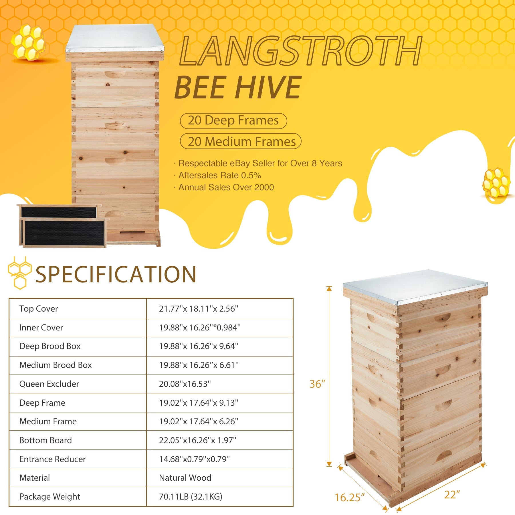 Premium Langstroth Bee Hive 8 Frame 2 Deep 2 Medium, All Frames & Foundations Included