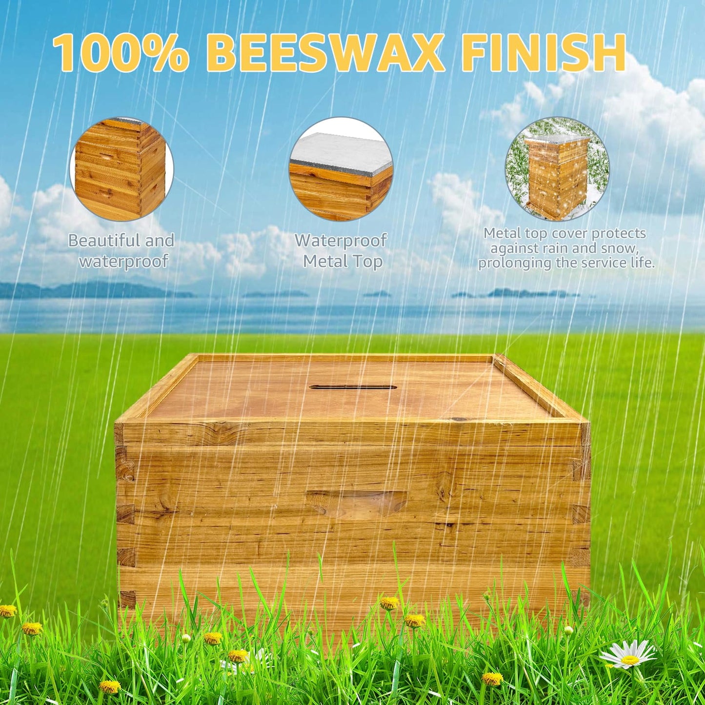 Jacgood Langstroth Bee Hive For Beekeeping, Complete Bee Hives and Supplies Starter Kit, Beehive Dipped in 100% Beeswax Includes 2 Deep Bee Boxes, 1 Medium Bee Hive Super for Beginners (3-Layer)