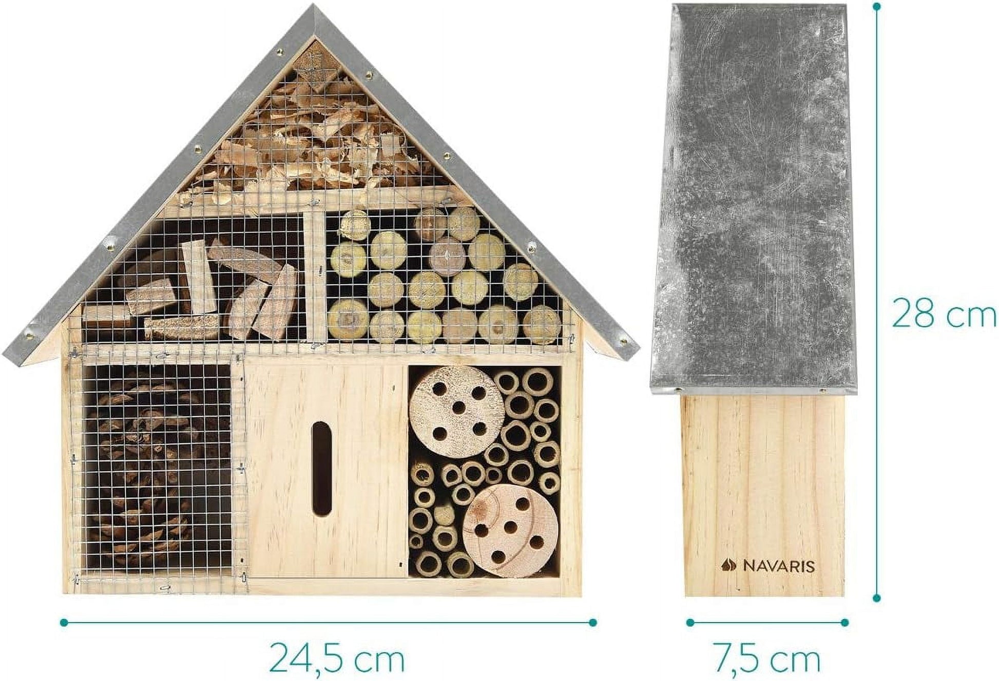 Navaris M Wooden Insect Hotel - 10 x 11 x 3 Inches - Natural Wood Insect Home Bamboo Nesting Habitat - Garden Shelter for Bees, Butterflies, Ladybugs