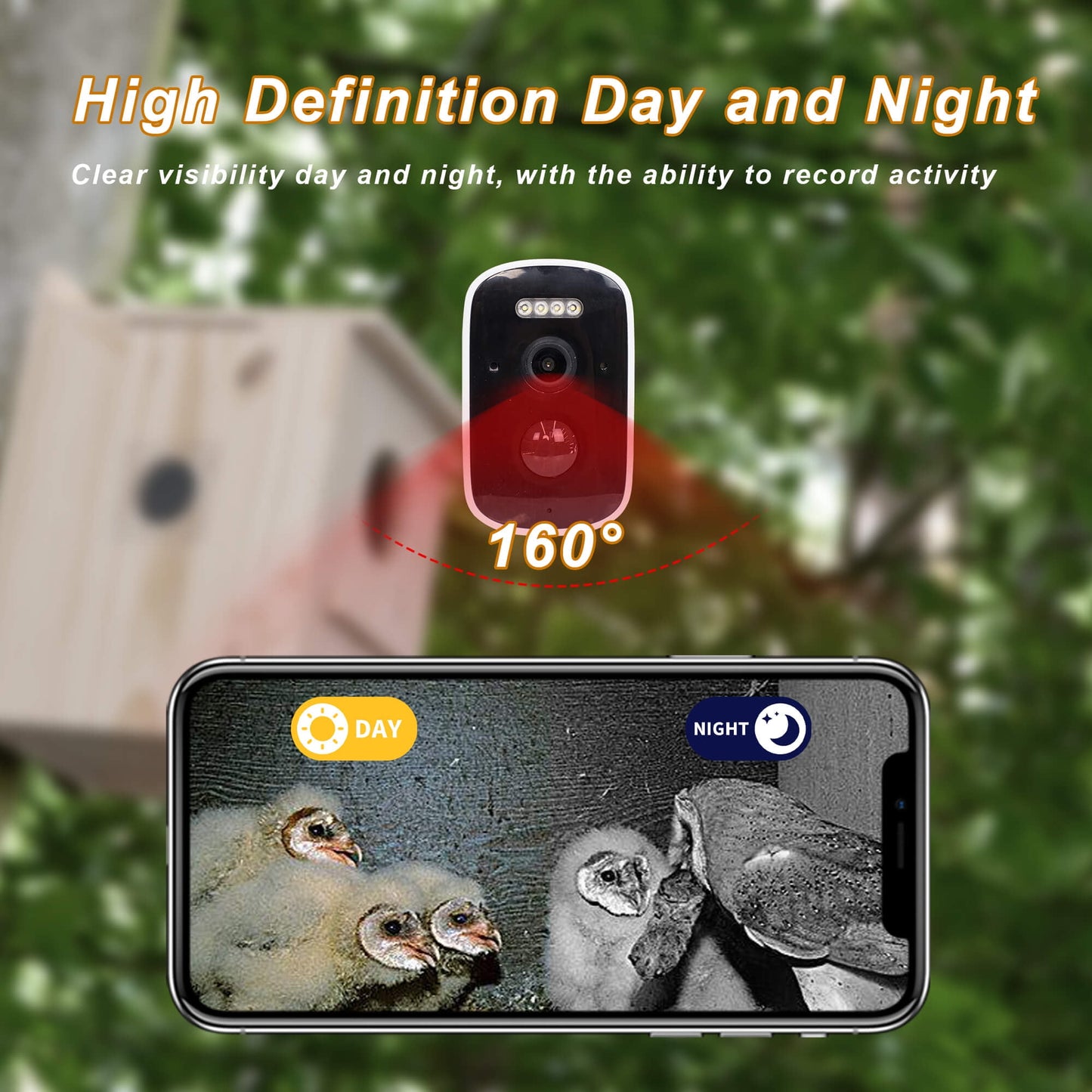Smart Owl House with Camera, Outdoor Hanging Natural Wooden Owl Nesting Box, Solar Powered, Real-time Viewing and Motion Detection, Includes Mounting Screws, Easy to Assemble