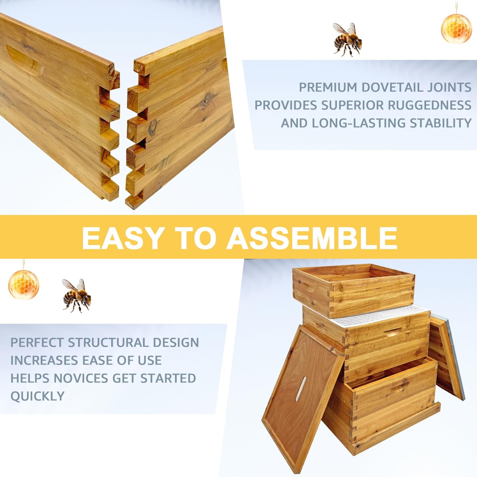 Jacgood Langstroth Bee Hive For Beekeeping, Complete Bee Hives and Supplies Starter Kit, Beehive Dipped in 100% Beeswax Includes 2 Deep Bee Boxes, 1 Medium Bee Hive Super for Beginners (3-Layer)