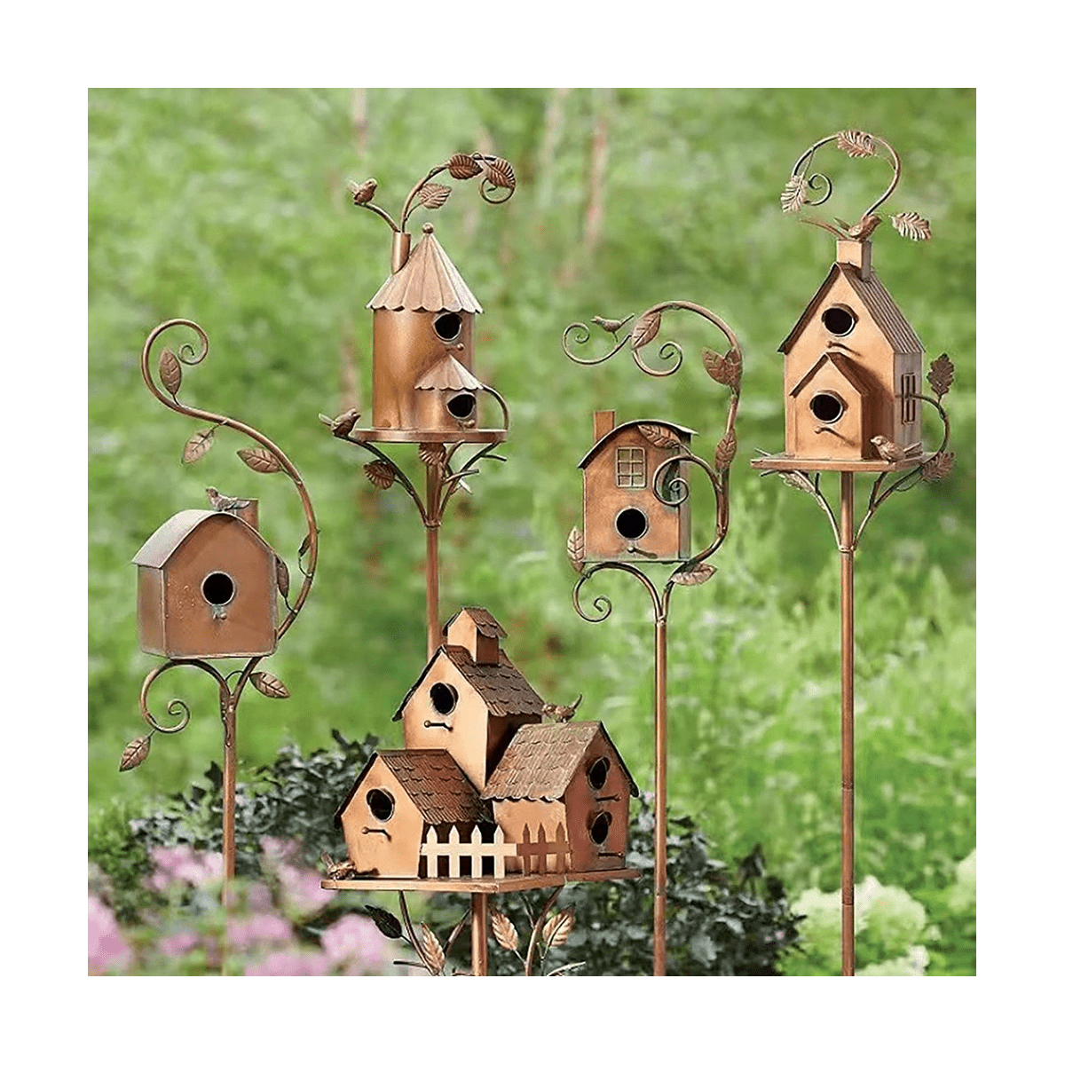 Garden Bird House with Pole Metal Bird Feeders Garden Stakes Bird Houses for Courtyard Backyard Patio Outdoor Style E
