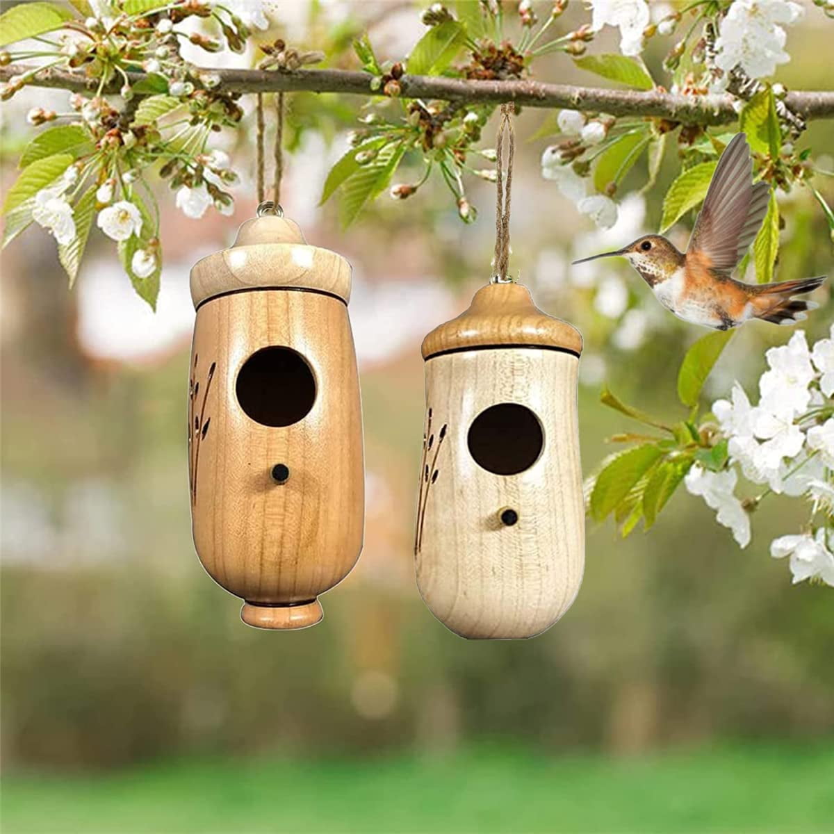 Emlimny Unfinished Wooden Hummingbird Hanging House, 3 Count