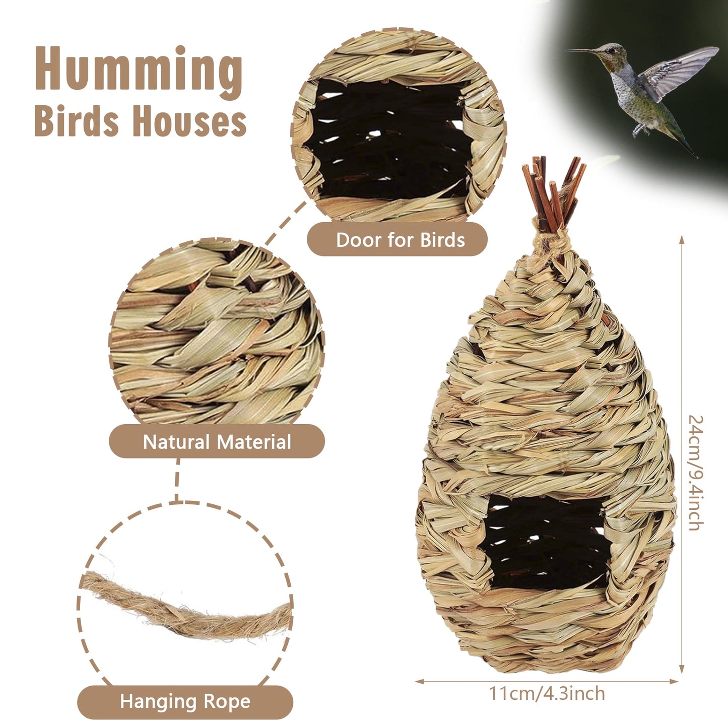 2PCS Hand Woven Hummingbird House,Bird Hut and Hummingbird Houses Nest, Small Hanging Bird & Chickadee House for Finch & Canary in Outdoor