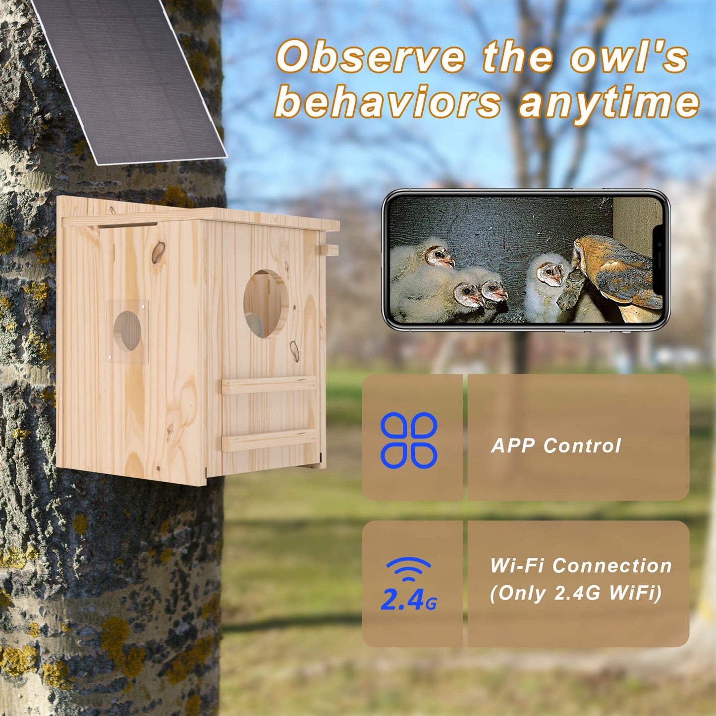 Smart Owl House with Camera, Outdoor Hanging Natural Wooden Owl Nesting Box, Solar Powered, Real-time Viewing and Motion Detection, Includes Mounting Screws, Easy to Assemble