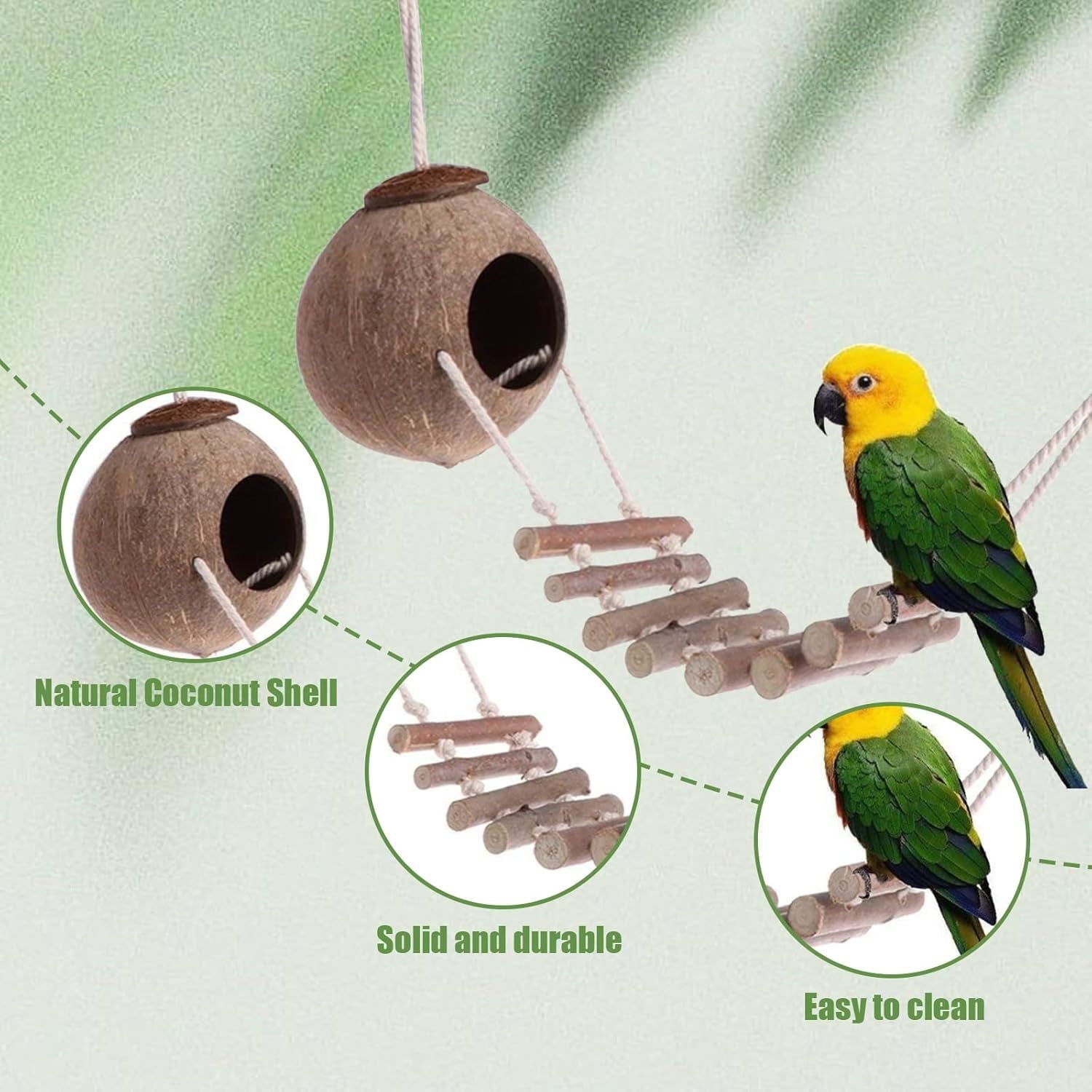 Rechale Coconut Bird House Coconut Shell Bird Nest Hanging Birdhouse with Ladder for Parrots, Hamsters Small Animals House Pet Cage Habitats Decor,Pet Bird Supplies