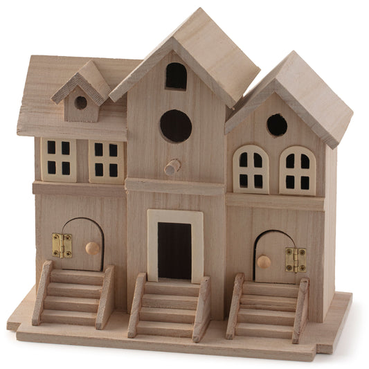 9.5" Wooden Brownstone Birdhouse with Fence by Make Market - Unfinished Birdhouse Made of 100% Wood - Outdoor Nesting Boxes - 1 Pack