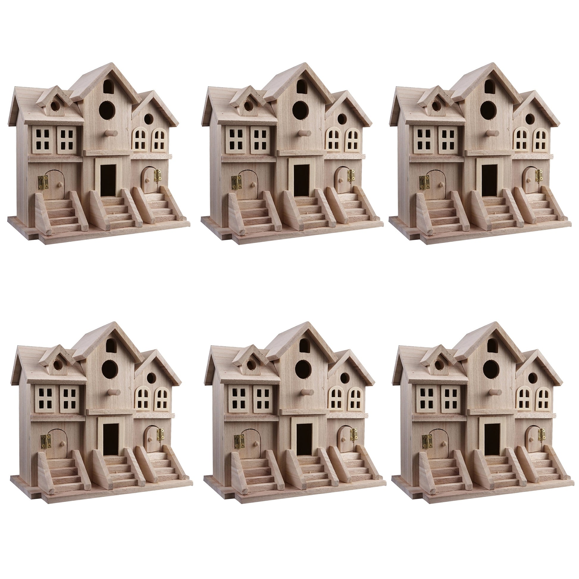 9.5" Wooden Brownstone Birdhouse with Fence by Make Market - Unfinished Birdhouse Made of 100% Wood- Bulk 6 Pack