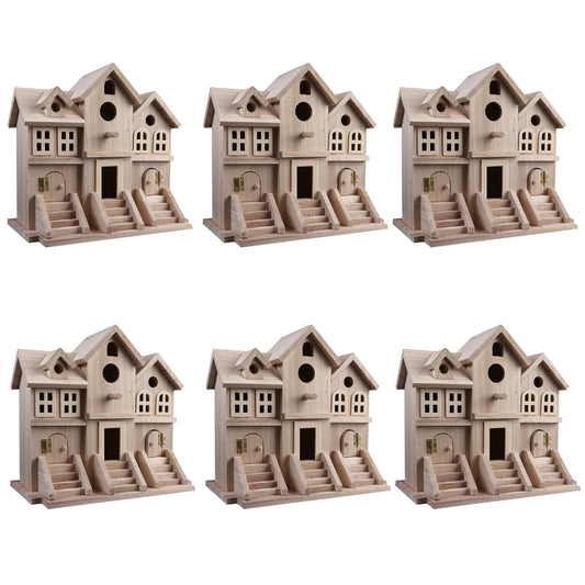 9.5" Wooden Brownstone Birdhouse with Fence by Make Market - Unfinished Birdhouse Made of 100% Wood- Bulk 6 Pack