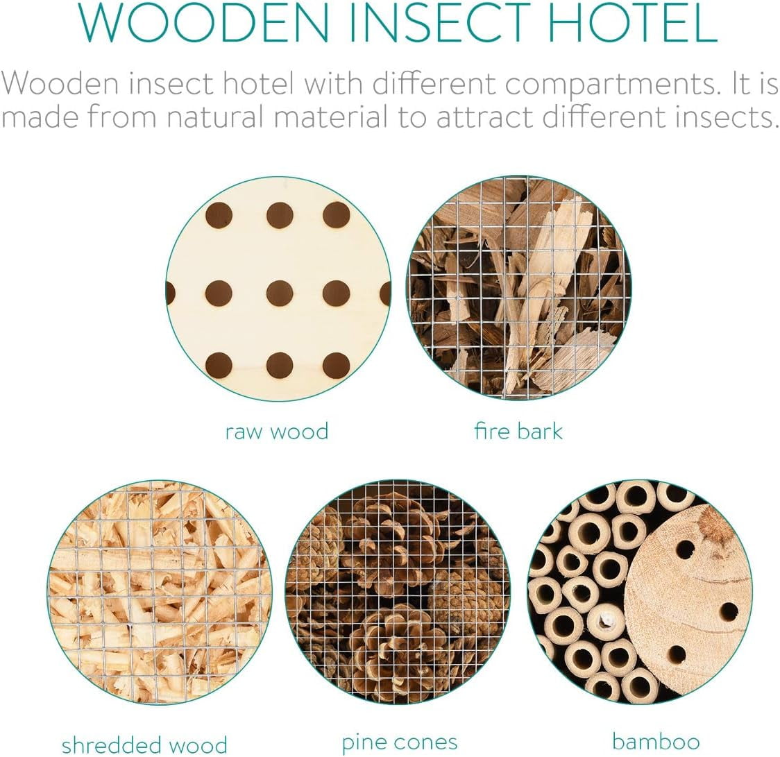 Navaris Wooden Insect House with Stakes - Extra Large Brown Butterfly Hibernation Box with 1x Hotel & 2x Stakes (1 Pack)