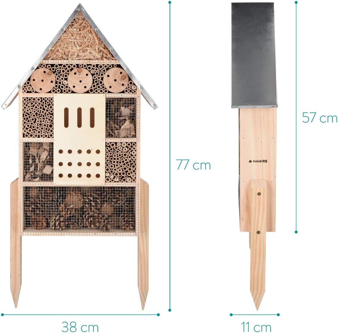 Navaris Wooden Insect House with Stakes - Extra Large Brown Butterfly Hibernation Box with 1x Hotel & 2x Stakes (1 Pack)