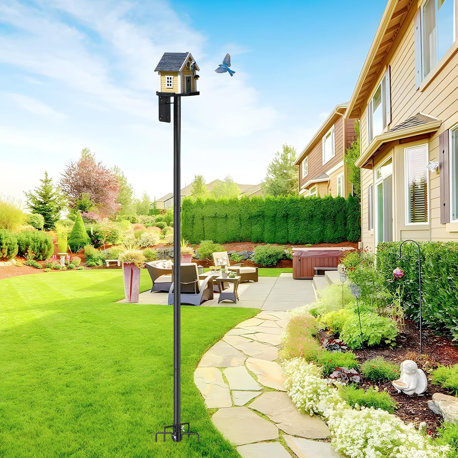IHOMEPARK 72" Outdoor Bird House Pole Kit Stand with 5-Pronged Base, Adjustable Height for Easy Setup, Matte Black Finish, 1 Pack