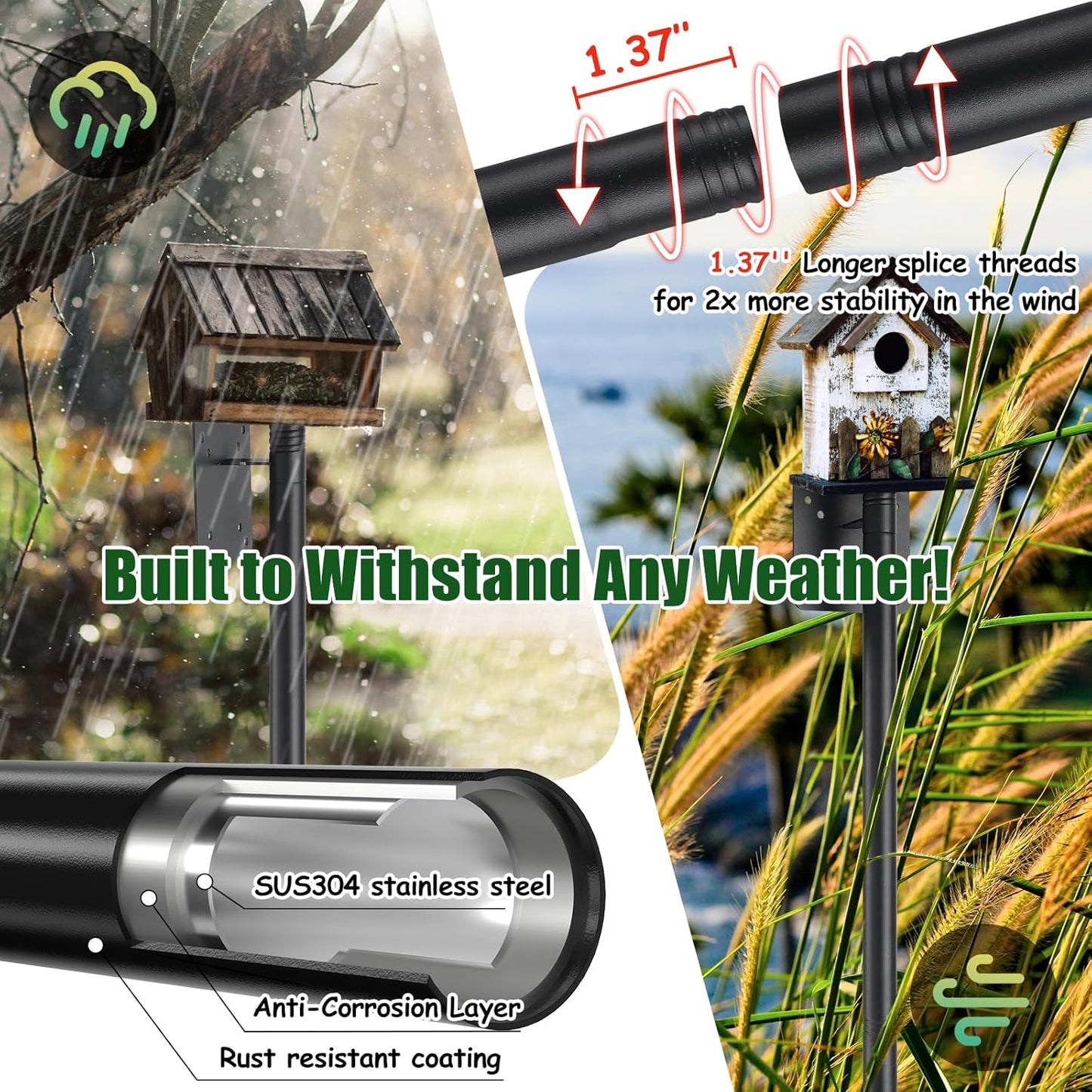 IHOMEPARK 72" Outdoor Bird House Pole Kit Stand with 5-Pronged Base, Adjustable Height for Easy Setup, Matte Black Finish, 1 Pack