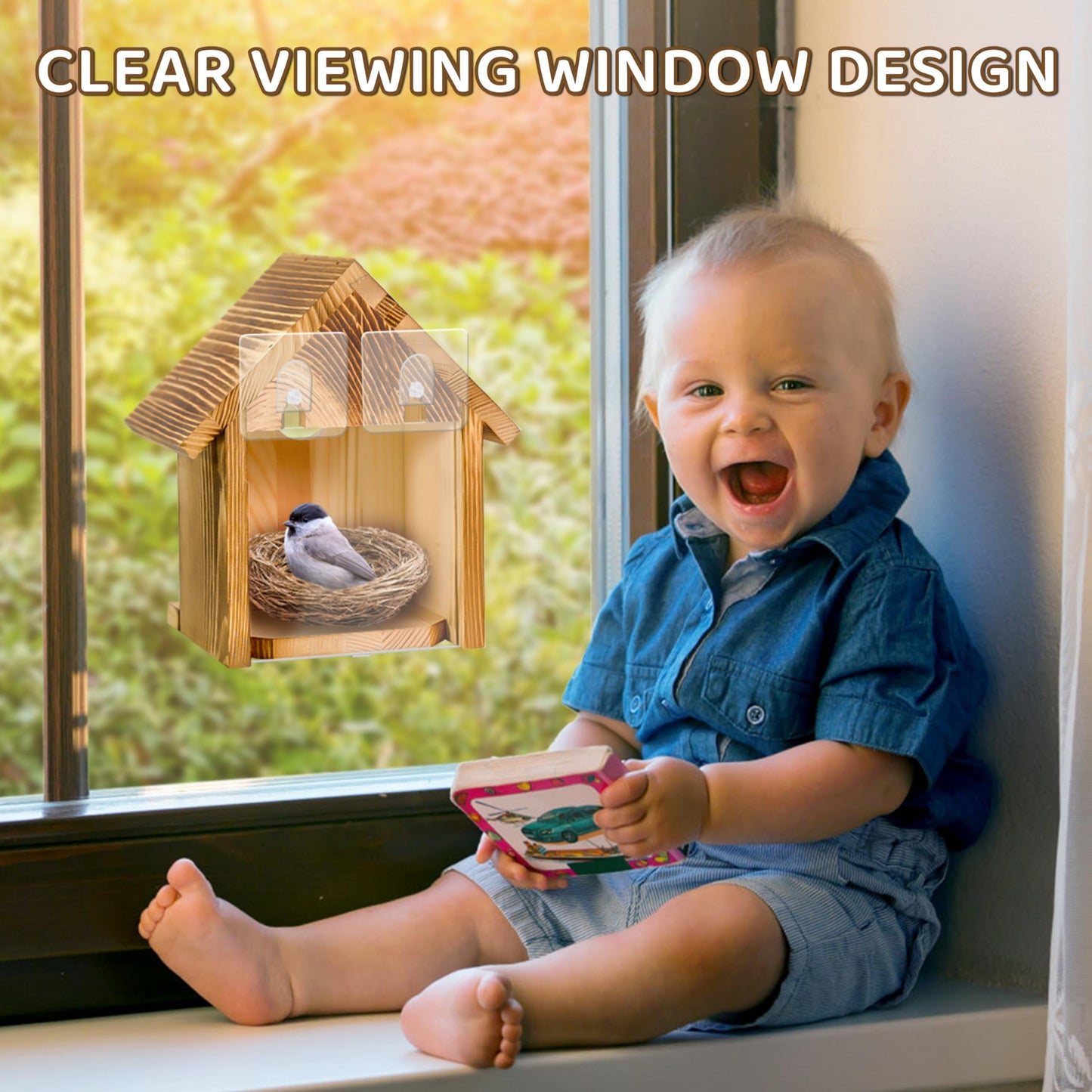 Window Bird Houses for Outside with 2 Powerful Hooks, Clear Window Bird House for Viewing Inside, Hanging Wooden Birdhouses to Paint for Outdoors, Bird Nesting Box for Bluebird Finch Chickadee