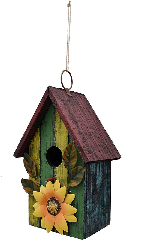 Attraction Design Rustic Decorative Bird House for Outside, Outdoor Hanging Wood Hand-Painted Bird House with Sunflower Decor, Wooden Hanging Garden Birdhouse Porch Yard Decor 9.37" x 6.38" x 4.25" (Red)