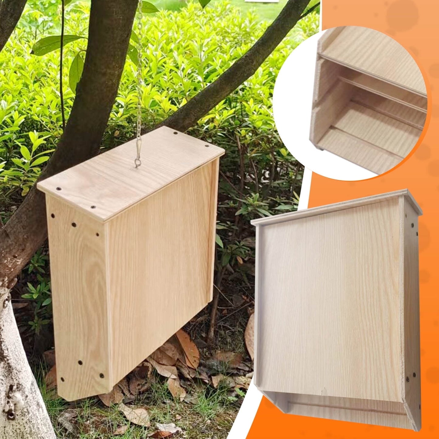Clearance Under $5! Bat House for Outdoor Large Bat Box for Outside 2 Chamber Wood Bat House Kit for Weatherproof Wooden Bat Shelter Easy to Land and Roost, 9.45 x 7.48 x 2.76 Inch ,Wooden