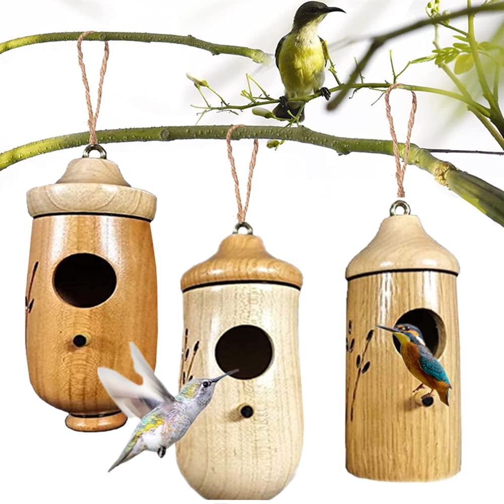 Emlimny Unfinished Wooden Hummingbird Hanging House, 3 Count