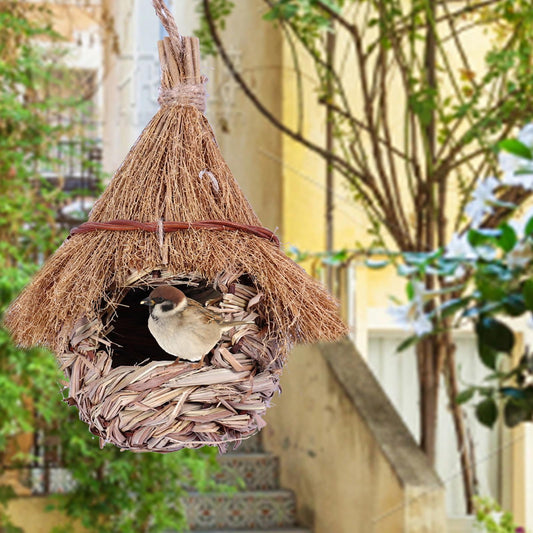 Humming Bird Houses for Outdoor Hanging, Grass Birds Hut,Hand Woven Hummingbird Nest,Wren Finch Bird House for Garden Window Outdoor Home