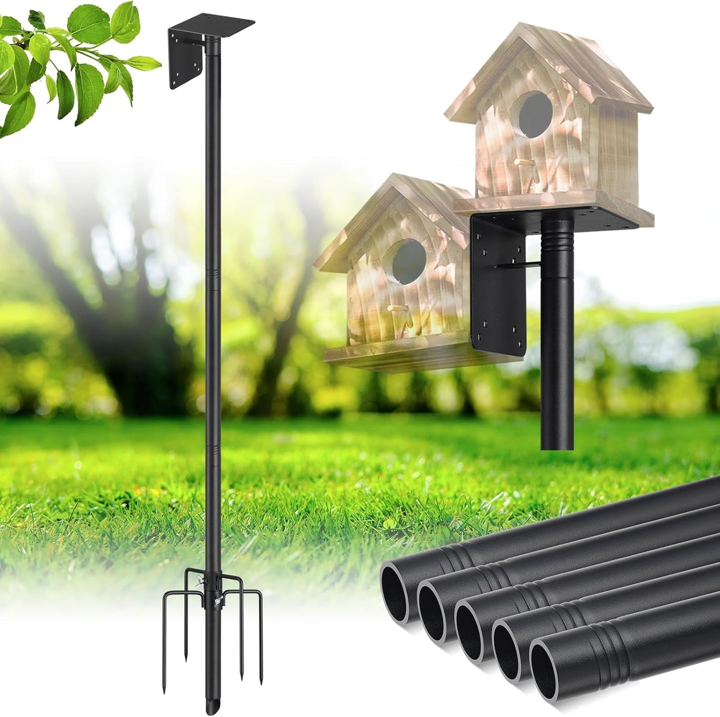 IHOMEPARK 72" Outdoor Bird House Pole Kit Stand with 5-Pronged Base, Adjustable Height for Easy Setup, Matte Black Finish, 1 Pack