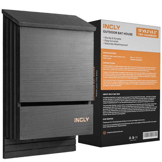 INCLY Bat House for Outdoors 15"x9.2"x3.2" Shelter Box Kit Double Chamber Black Natural Cedar Wood, Pre-Finished Easy to Install