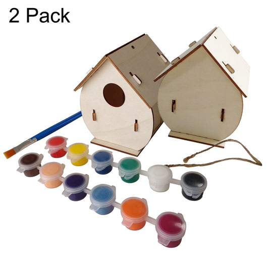 KHAMPA [2 Pack] DIY Wooden Birdhouse Kits Wooden Birdhouses Unpainted Natural Unfinished Wood Birdhouse to Paint Mini Bird Nest for DIY Crafts, Indoor Outdoor Bird House