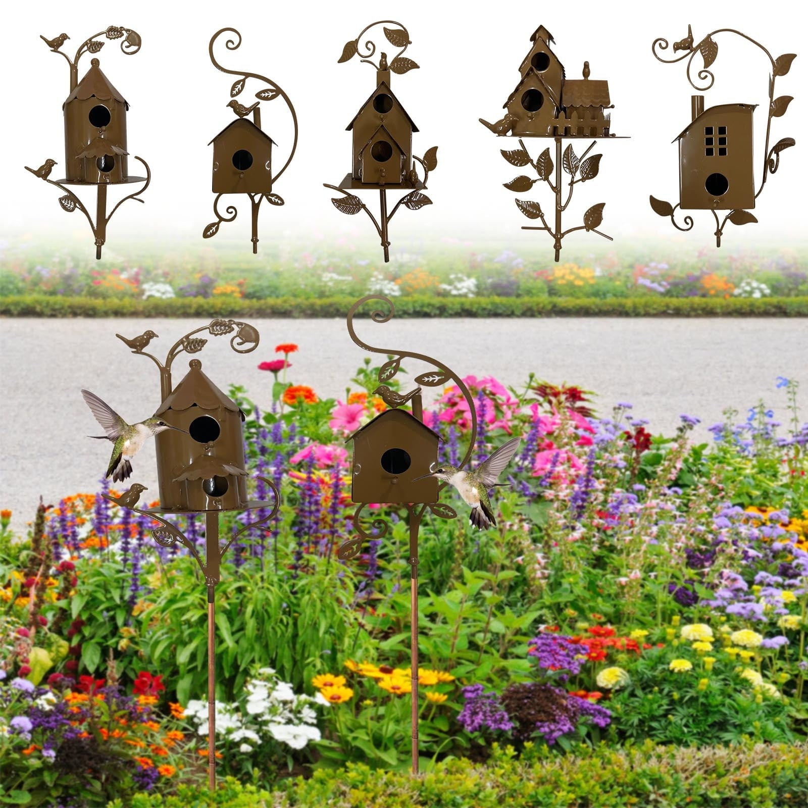 Metal Bird House for Outdoor, Outside Garden Birdhouse, Birdhouses Stake with Poles, Art Bird House for Outdoors Patio Backyard Decoration