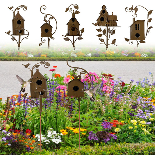 Metal Bird House for Outdoor, Outside Garden Birdhouse, Birdhouses Stake with Poles, Art Bird House for Outdoors Patio Backyard Decoration