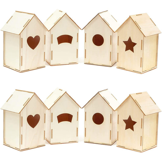 Mini Wood Bird Houses for DIY Crafts (4 Designs, 8 Count)