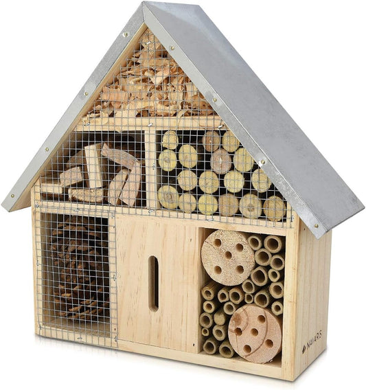 Navaris M Wooden Insect Hotel - 10 x 11 x 3 Inches - Natural Wood Insect Home Bamboo Nesting Habitat - Garden Shelter for Bees, Butterflies, Ladybugs